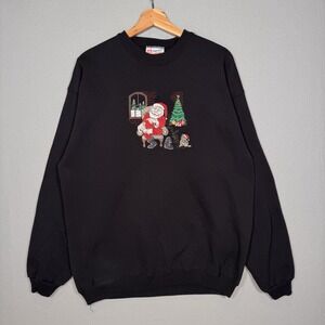 Vintage Christmas Sweater Santa Black Festive Holiday Novelty Crewneck Size L
